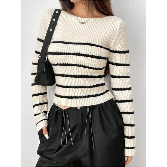 Women's Cropped Sweater Knitted Long Sleeve Boat Neck Fall Outfits - Picture 4 of 6